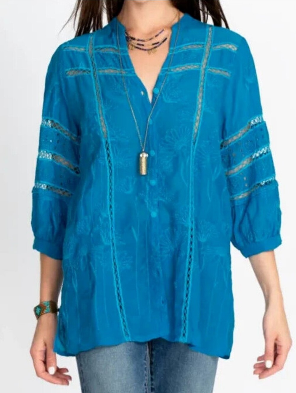 Johnny Was Embroidered Button-Down Daisy Pela Blue Tunic Blouse Size L
